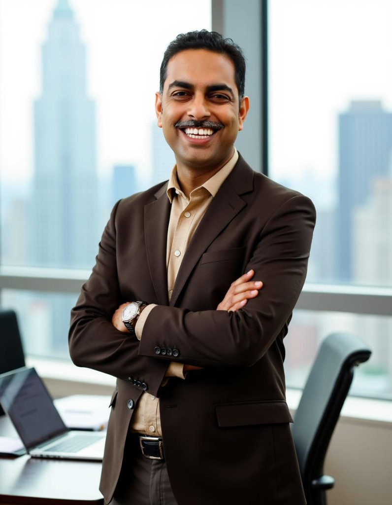 Dr. Sneh Pandey, MD, founder of Siya Health, smiling in a modern office overlooking a city skyline.