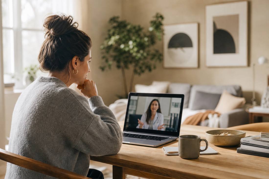 Adult on a calm telehealth visit, listening during a structured ADHD evaluation.