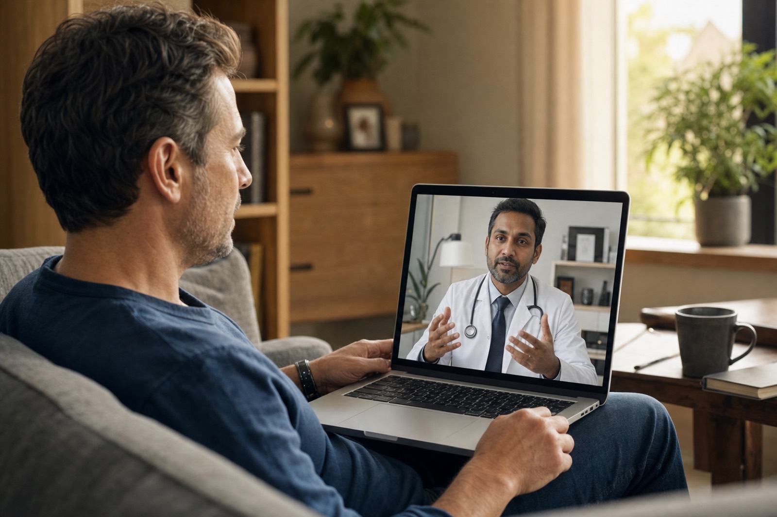 Adult man on a calm telehealth visit with a male physician from home.